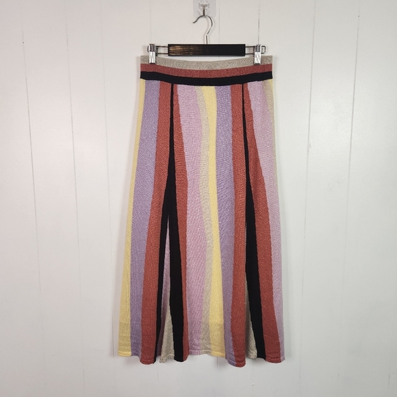 Anthropologie Laia Pink Purple Stripe Midi Knit Swing Skirt Size Small Mod Artsy - Picture 4 of 12